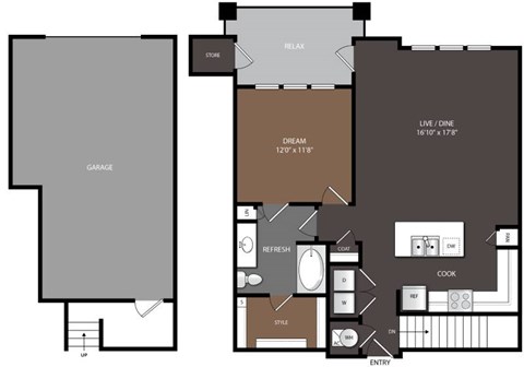 Floor plan for 1 bed, 1 bath, 872 sqft