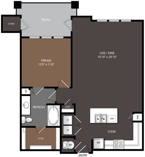Floor plan for 1 bed, 1 bath, 918 sqft