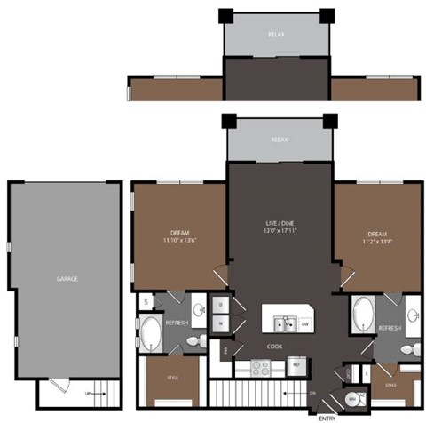 Floor plan for 2 beds, 2 baths, 1104 sqft