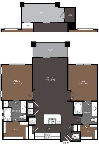 Floor plan for 2 beds, 2 baths, 1151 sqft