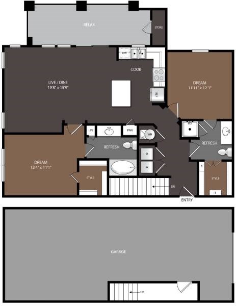 Floor plan for 2 beds, 2 baths, 1201 sqft
