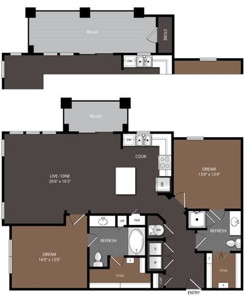 Floor plan for 2 beds, 2 baths, 1213 sqft
