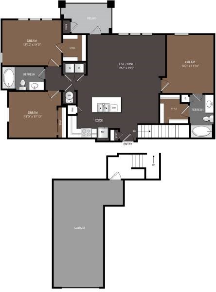 Floor plan for 3 beds, 2 baths, 1347 sqft