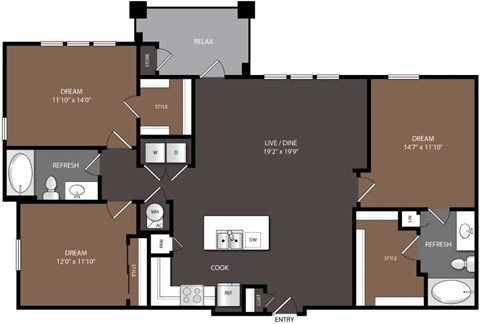 Floor plan for 3 beds, 2 baths, 1355 sqft