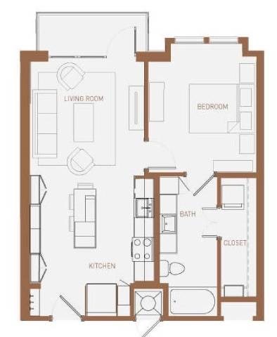 Floor plan for 1 bed, 1 bath, 665 sqft