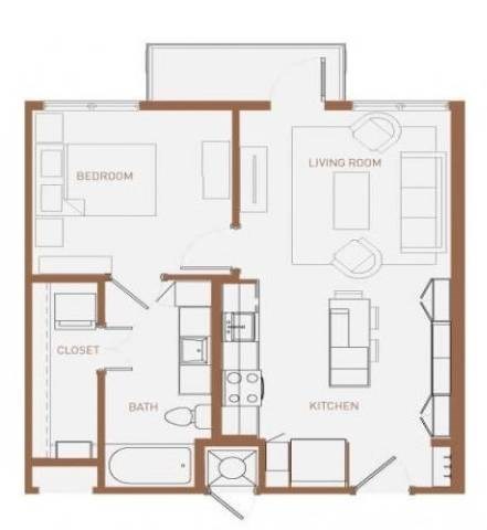 Floor plan for 1 bed, 1 bath, 648 sqft