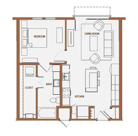 Floor plan for 1 bed, 1 bath, 729 sqft