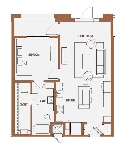 Floor plan for 1 bed, 1 bath, 790 sqft