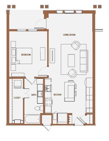 Floor plan for 1 bed, 1 bath, 813 sqft
