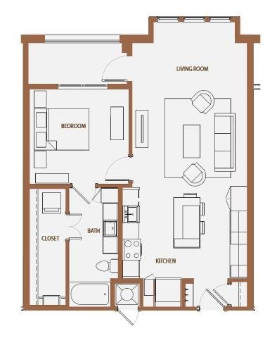 Floor plan for 1 bed, 1 bath, 834 sqft