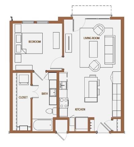 Floor plan for 1 bed, 1 bath, 718 sqft