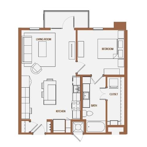 Floor plan for 1 bed, 1 bath, 704 sqft