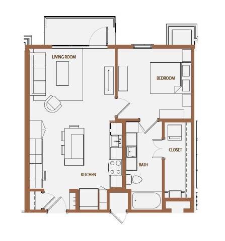 Floor plan for 1 bed, 1 bath, 706 sqft