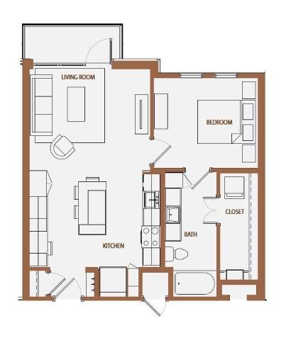 Floor plan for 1 bed, 1 bath, 711 sqft