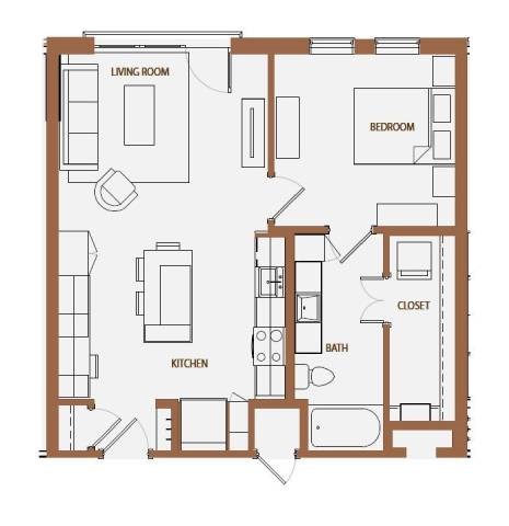 Floor plan for 1 bed, 1 bath, 729 sqft