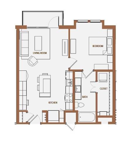 Floor plan for 1 bed, 1 bath, 744 sqft