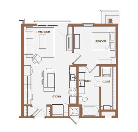 Floor plan for 1 bed, 1 bath, 702 sqft