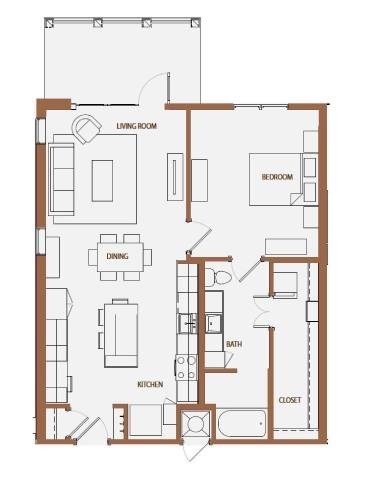 Floor plan for 1 bed, 1 bath, 880 sqft