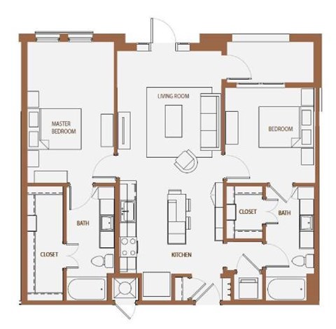 Floor plan for 2 beds, 2 baths, 1084 sqft