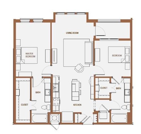 Floor plan for 2 beds, 2 baths, 1128 sqft