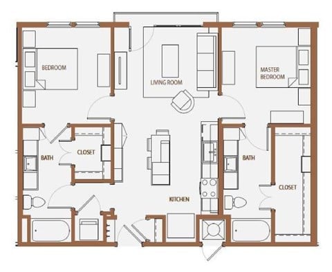 Floor plan for 2 beds, 2 baths, 972 sqft