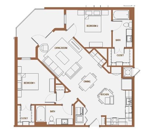 Floor plan for 2 beds, 2 baths, 1119 sqft