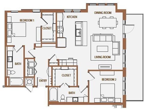 Floor plan for 2 beds, 2 baths, 1322 sqft