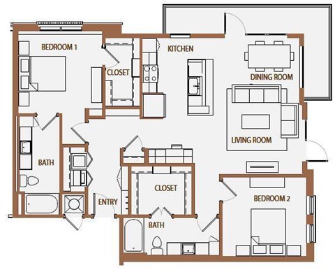 Floor plan for 2 beds, 2 baths, 1295 sqft