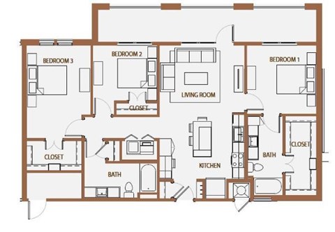 Floor plan for 3 beds, 2 baths, 1311 sqft