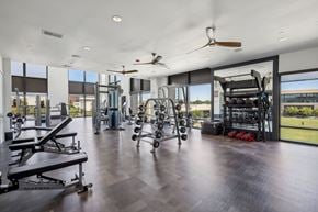 Ft. Worth apartment for rent - A gym with a variety of equipment including a weight bench, a squat rack, and a treadmill.