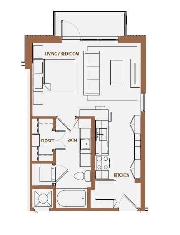 Floor plan for studio, 1 bath, 489 sqft