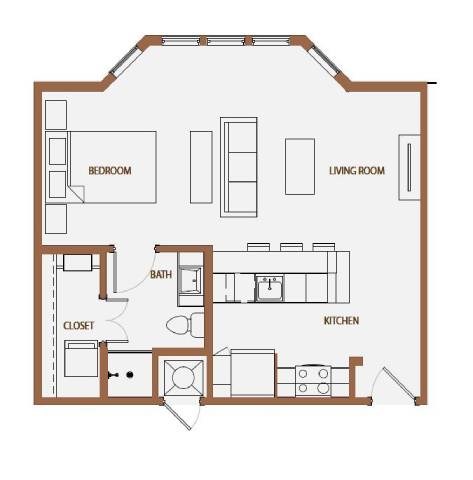 Floor plan for studio, 1 bath, 638 sqft