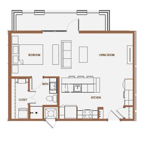 Floor plan for studio, 1 bath, 684 sqft