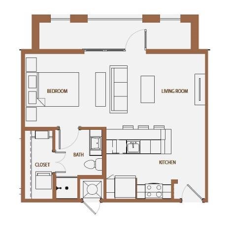 Floor plan for studio, 1 bath, 591 sqft