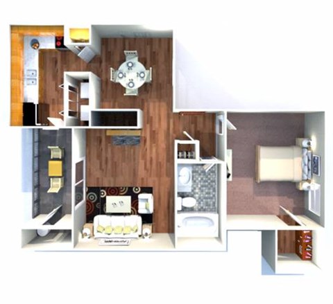 Floor plan for 1 bed, 1 bath, 674 sqft