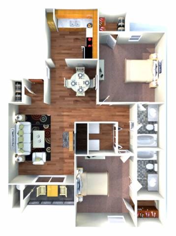 Floor plan for 2 beds, 2 baths, 970 sqft
