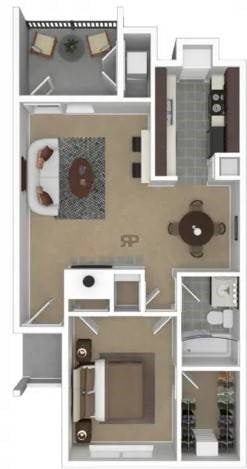 Floor plan for 1 bed, 1 bath, 658 sqft