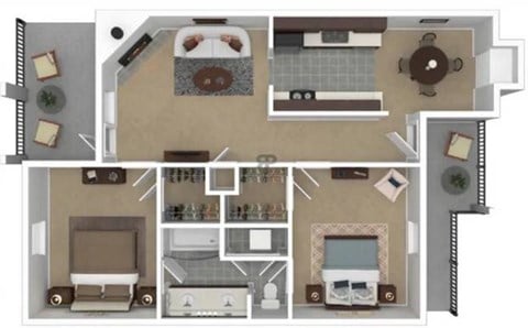 Floor plan for 2 beds, 2 baths, 843 sqft