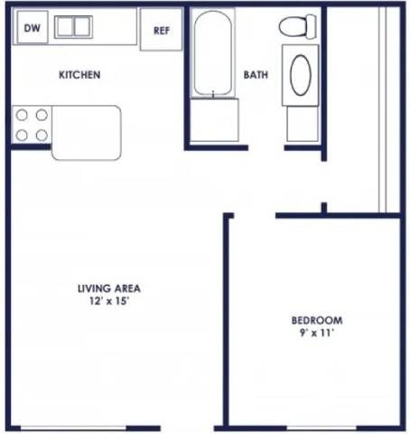 Floor plan for 1 bed, 1 bath, 550 sqft