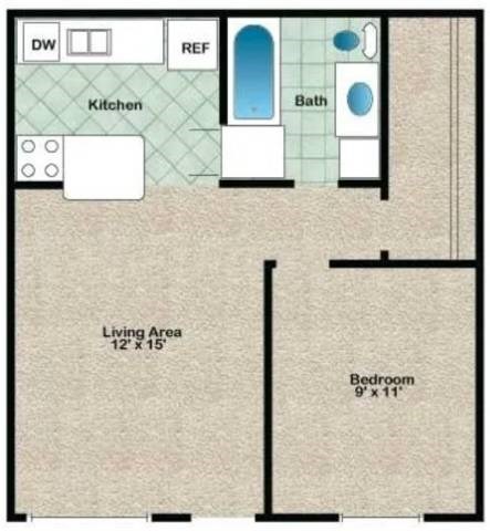 Floor plan for 1 bed, 1 bath, 550 sqft