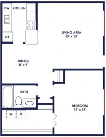 Floor plan for 1 bed, 1 bath, 750 sqft