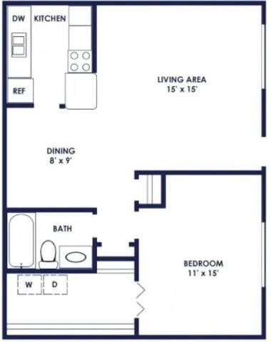 Floor plan for 1 bed, 1 bath, 750 sqft