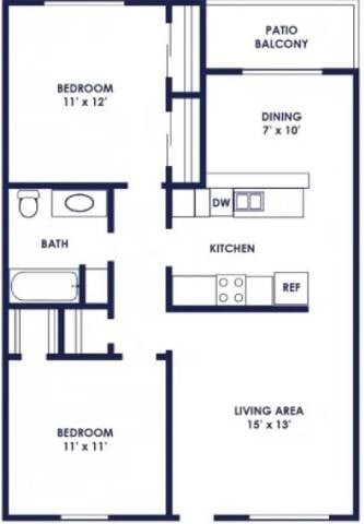 Floor plan for 2 beds, 1 bath, 900 sqft