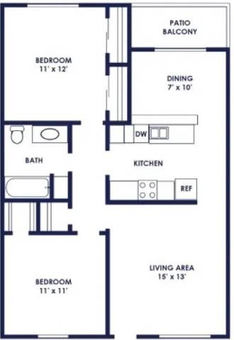 Floor plan for 2 beds, 1 bath, 900 sqft