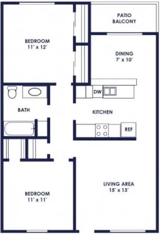 Floor plan for 2 beds, 1 bath, 900 sqft
