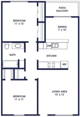 Floor plan for 1 bed, 1 bath, 900 sqft