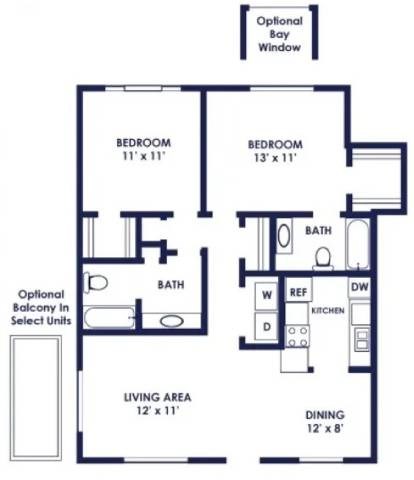 Floor plan for 2 beds, 2 baths, 1050 sqft