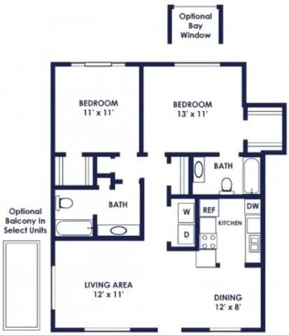 Floor plan for 2 beds, 2 baths, 1050 sqft