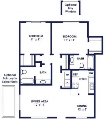 Floor plan for 2 beds, 2 baths, 1050 sqft