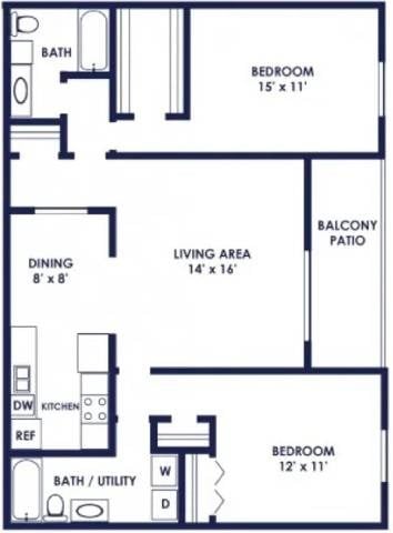 Floor plan for 2 beds, 2 baths